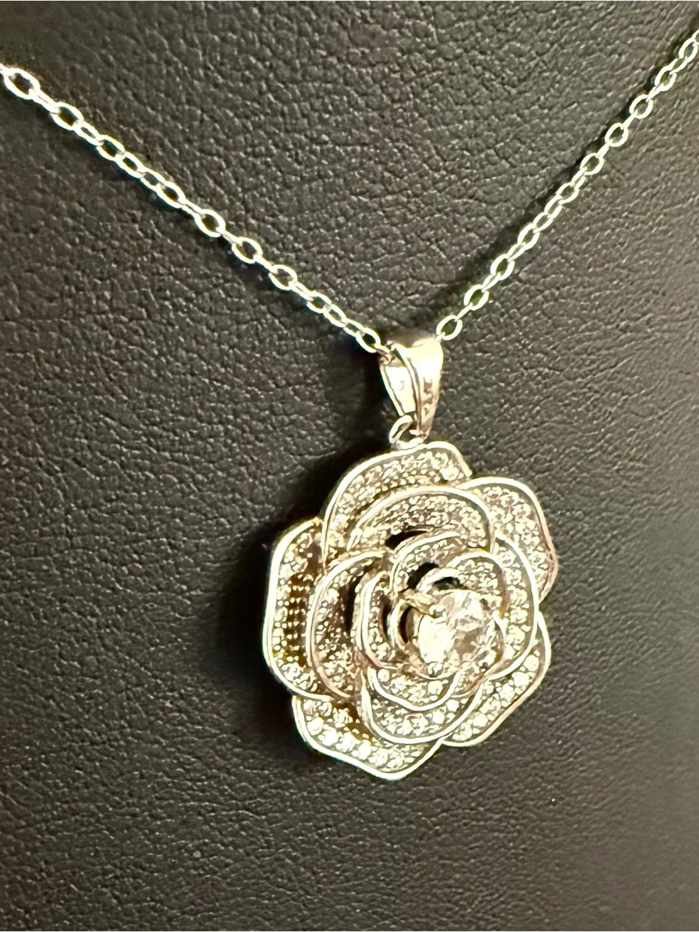 Cote d’Argent 925 Sterling Silver CZ Crystal Rose Flower Pendant Necklace